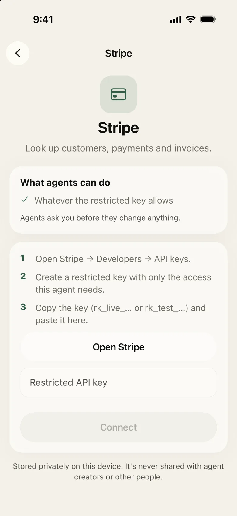 Connecting Stripe with a restricted key
