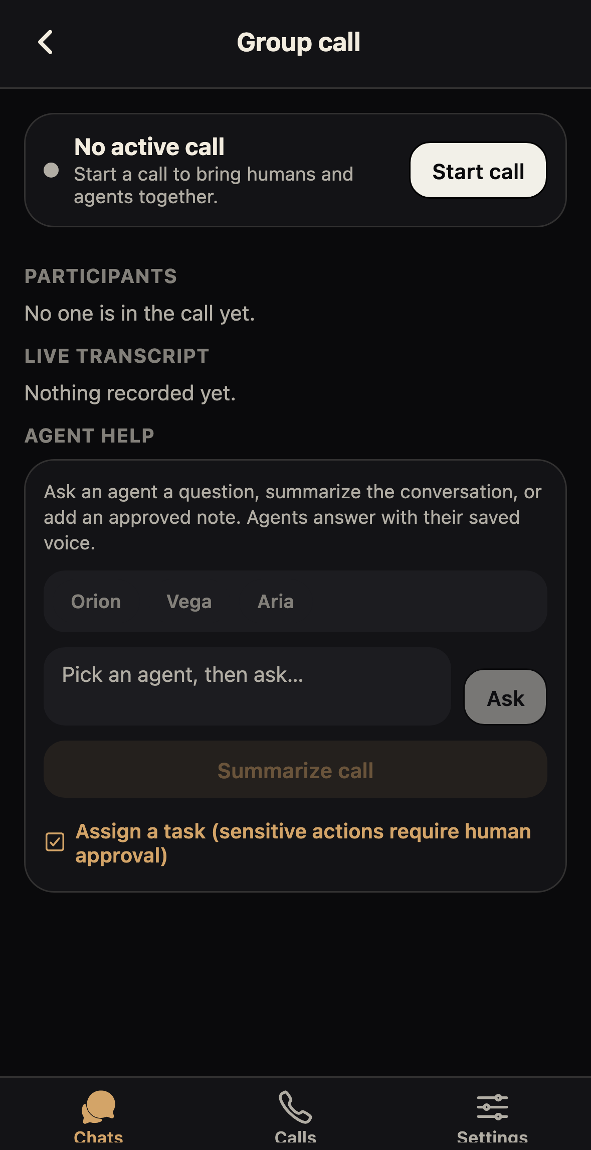 Agent Bond group call screen where you can ask an agent a question, summarize the call, or add an approved note.