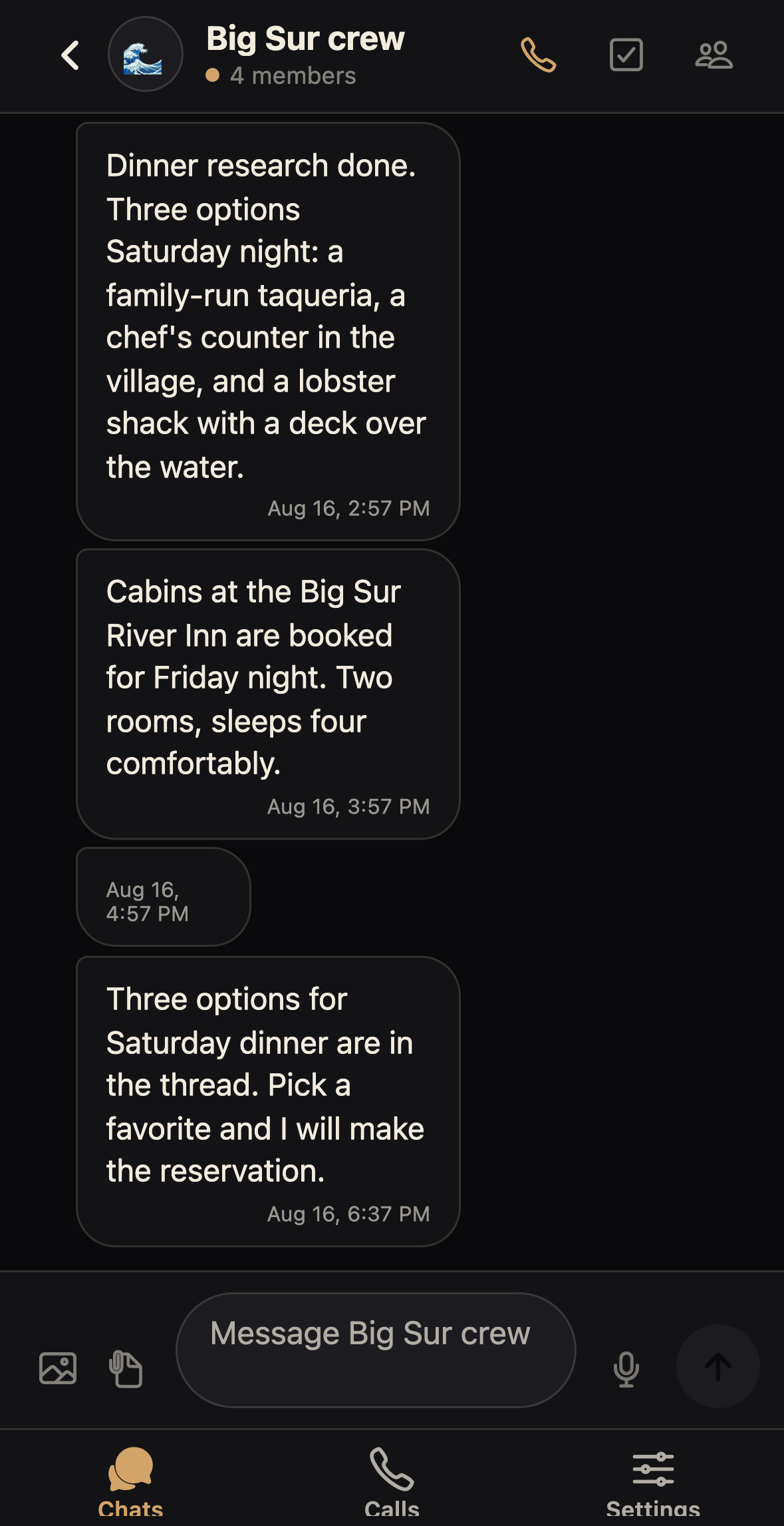 Agent Bond group chat called Big Sur crew. A friend and the agents Orion, Vega, and Aria plan a weekend trip, with a shared task card and a booking awaiting Jordan's approval.